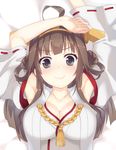  aa-rance ahoge armpits arms_up blush breasts brown_hair cleavage collarbone detached_sleeves double_bun hairband headgear kantai_collection kongou_(kantai_collection) large_breasts long_hair looking_at_viewer nontraditional_miko ribbon-trimmed_sleeves ribbon_trim smile solo upper_body 