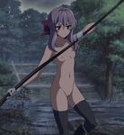  bow breasts collarbone gloves hair_bow hiiragi_shinoa legwear long_hair navel nipples nude nude_filter outdoors owari_no_seraph photoshop purple_hair pussy rain red_eyes scythe small_breasts solo standing thighhighs tree uncensored weapon 