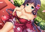  bare_shoulders breasts cleavage green_eyes japanese_clothes large_breasts long_hair looking_at_viewer love_live! love_live!_school_idol_project mmrailgun purple_hair smile solo toujou_nozomi twintails 