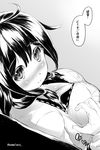  arm_grab artist_name blush breasts cleavage danbo_(rock_clime) gloves greyscale highres kantai_collection large_breasts low_twintails monochrome smile solo_focus taigei_(kantai_collection) translated twintails twitter_username 