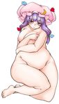  3: barefoot belly blush breasts covering covering_breasts covering_crotch crescent crescent_hair_ornament fat feet frown hair_ornament hat highres hiro_(h-net) large_breasts legs looking_at_viewer mob_cap nipples nude patchouli_knowledge plump purple_hair red_eyes solo touhou wide_hips 