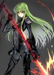  black_bodysuit bodysuit breasts c.c. cleavage code_geass cosplay covered_navel creayus fate/grand_order fate_(series) green_hair holding holding_weapon lance long_hair looking_at_viewer medium_breasts polearm scathach_(fate)_(all) scathach_(fate/grand_order) scathach_(fate/grand_order)_(cosplay) solo twitter_username weapon yellow_eyes 