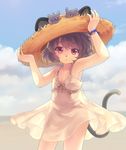  alternate_costume animal animal_ears armpits arms_up bare_arms bare_shoulders blue_sky bracelet cloud day dress ears_through_headwear grey_hair hat iris_anemone jewelry looking_at_viewer mouse mouse_ears mouse_tail nazrin open_mouth pink_eyes see-through short_hair sky sleeveless sleeveless_dress solo straw_hat sundress sunglasses tail touhou white_dress 