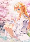  amiami_(company) amico bangs barefoot blonde_hair blush braid cherry_blossoms french_braid from_side green_eyes hair_ornament japanese_clothes long_hair looking_at_viewer sitting smile soaking_feet solo water yumekui 