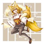  animal_ears blonde_hair breasts commentary_request detached_sleeves fox_ears fox_tail japanese_clothes kimono kimono_skirt kitsune long_hair looking_at_viewer low-tied_long_hair medium_breasts multiple_tails open_mouth original red_eyes ryota_tentei sandals short_eyebrows solo tail thighhighs two_tails 