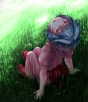  arm_support blue_hair grass head_back highres knees_up looking_at_viewer no_hat no_headwear no_wings open_mouth outdoors red_eyes remilia_scarlet shade short_hair sitting skirt skirt_set solo thcapenxer1234 touhou 