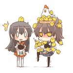  0_0 2girls akagi_(kantai_collection) animal animal_ears animal_on_head balancing bird bird_on_head black_hair blush brown_hair carrying chibi chick chicken jitome kaga_(kantai_collection) kantai_collection long_hair lowres multiple_girls muneate nest on_head open_mouth rebecca_(keinelove) short_hair side_ponytail standing standing_on_one_leg sweat too_many too_many_chicks trembling yellow_eyes 