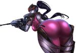  ass ass_focus black_hair bodysuit breasts from_behind gun head_mounted_display large_breasts looking_back overwatch pink_bodysuit ponytail purple_skin rifle shadman shiny shiny_clothes sniper_rifle solo thighs transparent_background vambraces visor weapon widowmaker_(overwatch) yellow_eyes 