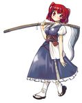  blush breasts coin dress hiro_(h-net) japanese_clothes kimono kimono_skirt long_dress looking_at_viewer medium_breasts obi onozuka_komachi over_shoulder red_eyes red_hair sandals sash scythe solo tabi touhou two_side_up weapon weapon_over_shoulder 