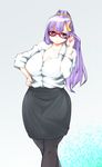  bespectacled breasts business_casual cleavage collared_shirt commentary_request crescent crescent_hair_ornament glasses hair_ornament hand_on_hip highres hiro_(h-net) huge_breasts lipstick long_hair makeup pantyhose patchouli_knowledge plump purple_hair red_eyes shirt skirt smile solo touhou 