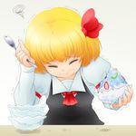  ascot bbb_(33kudo) blonde_hair bowl brain_freeze closed_eyes food fruit gradient gradient_background grimace hair_ribbon long_sleeves puffy_sleeves ribbon rumia shirt short_hair simple_background solo spoon squiggle table touhou trembling upper_body vest wavy_mouth 