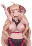  ahoge anila_(granblue_fantasy) bare_shoulders breasts brown_hair draph granblue_fantasy highres horns large_breasts long_hair midriff navel nipples one_eye_closed shiroie_mika simple_background solo very_long_hair white_background 