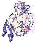  bare_shoulders bell breasts cat_hair_ornament china_dress chinese_clothes double_bun dress esu_(transc) hair_ornament haku_(p&amp;d) impossible_clothes impossible_dress jingle_bell long_hair medium_breasts multicolored_hair orange_eyes petals purple_hair puzzle_&amp;_dragons sitting solo tail tiger_tail two-tone_hair white_hair 