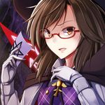  bad_id bad_pixiv_id bow brown_eyes brown_hair cape clothes_writing fumei_(mugendai) glasses gloves hat jewelry low_twintails open_mouth pendant plaid quimbaya_airplane red-framed_eyewear shirt short_hair solo touhou twintails usami_sumireko zener_card 