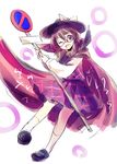  brown_eyes brown_hair cape clothes_writing dress glasses hat hat_ribbon long_sleeves makuwauri one_eye_closed open_mouth purple_dress red-framed_eyewear ribbon road_sign shirt sign smile solo touhou usami_sumireko 