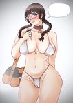  bikini blue_eyes blush braid breasts brown_hair butcherboy collar curvy female glasses gradient gradient_background large_breasts long_hair looking_at_viewer original pigtails plump solo sweat swimsuit thick_thighs thong twin_braids white_bikini white_swimsuit wide_hips 
