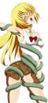  1girl armpits bare_shoulders blonde_hair blush breast_grab breasts collet_brunel eyes_closed grabbing jewelry long_hair open_mouth ribbon saliva simple_background skirt swimsuit tales_of_(series) tales_of_symphonia tentacle 