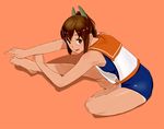  brown_hair feet full_body i-401_(kantai_collection) kantai_collection ojipon plantar_flexion ponytail protected_link sailor_collar school_swimsuit school_uniform solo stretch swimsuit swimsuit_under_clothes tan toe_scrunch 
