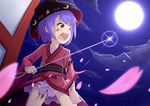  blood bowl bowl_hat d; full_body haragon hat holding_needle injury japanese_clothes kimono needle one_eye_closed open_mouth petals purple_hair shiny short_hair solo sukuna_shinmyoumaru tears torn_clothes touhou 