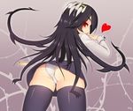  ass backboob black_hair black_legwear blush breasts come_hither drooling filia_(skullgirls) from_behind from_below gradient gradient_background heart kuroonehalf large_breasts long_hair looking_back naughty_face panties pantyshot red_eyes samson_(skullgirls) school_uniform skirt skullgirls smile thighhighs underwear upskirt white_panties yellow_eyes 