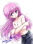  blush breasts covering covering_breasts dated highres kem_kem long_hair looking_at_viewer medium_breasts original purple_eyes purple_hair signature simple_background solo topless very_long_hair white_background 