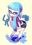  bent_over bike_shorts blue_eyes blue_hair blueberry_(5959) domino_mask finger_to_mouth hand_on_own_knee highres inkling long_hair mask monster_girl pointing pointing_at_self pointy_ears shirt shoes sneakers solo splatoon_(series) splatoon_1 t-shirt tentacle_hair tongue tongue_out 