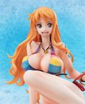  bikini bracelet breasts cleavage earrings figure jewelry knee_up large_breasts long_hair nami nami_(one_piece) necklace one_piece open_mouth orange_eyes orange_hair photo pvc sitting smile swimsuit tattoo 