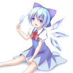  :d blue_eyes blue_hair bow cirno dress food hair_bow melting open_mouth popsicle short_hair sitting smile solo touhou tsuri_buta wings 