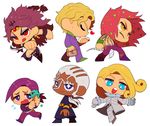  6+boys arm_blade battle_tendency blonde_hair blue_eyes chibi dark_skin dark_skinned_male diamond_wa_kudakenai diavolo enrico_pucci food freckles funny_valentine highres ice_cream jojo_no_kimyou_na_bouken kars_(jojo) kira_yoshikage li_sakura long_hair multiple_boys pink_hair priest purple_eyes purple_hair red_eyes severed_hand steel_ball_run stone_ocean sweatdrop sweater vento_aureo vinegar_doppio weapon white_hair yellow_eyes 