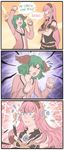 3koma animal_ears arm_up blue_eyes broken closed_eyes comic crossed_arms crossover dress english exploding_clothes flying_sweatdrops green_hair highres kasodani_kyouko long_hair long_sleeves looking_at_another mefomefo megurine_luka multiple_girls open_mouth pink_dress pink_hair profile shirt short_hair shouting skirt sleeveless smile speech_bubble sweat text_focus torn_clothes touhou turtleneck vocaloid 