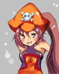  brown_eyes brown_hair guilty_gear guilty_gear_xrd hat long_hair may_(guilty_gear) orange_hat orange_shirt pirate_hat saba_peko shirt skull_and_crossbones solo 