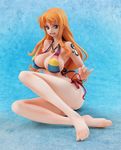  bikini bracelet breasts cleavage earrings feet figure jewelry knee_up large_breasts legs long_hair nami nami_(one_piece) necklace one_piece open_mouth orange_hair photo pvc side-tie_bikini sitting smile swimsuit tattoo undressing 