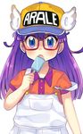  :o blue_eyes clothes_writing dr._slump eating food glasses highres holding kurono_nekomaru long_hair looking_at_viewer norimaki_arale open_mouth overalls popsicle purple_hair short_sleeves simple_background solo strap_slip upper_body white_background winged_hat 