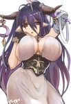  antenna_hair artist_name black_gloves black_hair blush breasts cleavage danua draph dress fingerless_gloves gloves granblue_fantasy horn_ornament horns jewelry large_breasts long_hair looking_at_viewer necklace open_mouth pointy_ears pupps red_eyes solo 