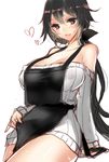  apron apron_lift apt bad_id bad_pixiv_id bare_shoulders black_eyes black_hair blush breasts covered_nipples hair_ribbon heart heart-shaped_pupils highres large_breasts long_hair mole mole_under_eye open_mouth original ribbed_sweater ribbon simple_background smile solo sweat sweater symbol-shaped_pupils white_background 