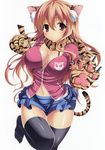  absurdres animal_ears animal_print black_legwear breasts brown_hair cleavage gloves highres karory large_breasts open_clothes open_shirt original paw_gloves paws scarf shirt skirt solo tail thighhighs tiger_ears tiger_paws tiger_print tiger_tail 