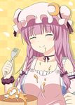  apron bare_shoulders braid collarbone cpu_(hexivision) crescent crescent_hair_ornament dress eating food food_on_clothes food_on_face fork hair_ornament hat long_hair messy mob_cap pancake patchouli_knowledge purple_hair smile solo striped striped_dress touhou twin_braids 
