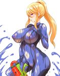  blonde_hair blush bodypaint breasts huge_nipples konno_tohiro large_breasts long_hair looking_at_viewer metroid naked_paint nipples nude paint_splatter ponytail purple_eyes pussy samus_aran solo splatoon_(series) splatoon_1 splattershot_(splatoon) super_soaker zero_suit 