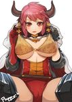  animal_ears artist_name bikini bikini_lift blush breasts brown_bikini cameltoe cape cow_ears cow_horns draph earrings granblue_fantasy horns jewelry large_breasts looking_at_viewer open_mouth pupps red_eyes red_hair short_hair simple_background solo sturm_(granblue_fantasy) swimsuit thighhighs white_background 