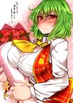  blush bouquet breasts cleavage flower green_hair highres kazami_yuuka large_breasts long_sleeves open_clothes open_vest red_eyes roki_(hirokix) shirt skirt skirt_set solo sweatdrop touhou translation_request vest 
