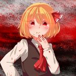  ascot blonde_hair blood blood_on_face blood_splatter bloody_clothes bloody_hands gradient gradient_background hair_ribbon hand_on_own_chin highres light_smile long_sleeves looking_at_viewer maikuro red_eyes ribbon rumia short_hair solo touhou vest 