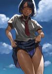  absurdres black_hair blue_eyes breast_pocket cloud competition_swimsuit cowboy_shot day grin highres looking_at_viewer md5_mismatch necktie one-piece_swimsuit original pleated_skirt pocket red_neckwear school_uniform short_hair short_sleeves skirt skirt_lift sky smile solo swimsuit swimsuit_under_clothes teeth yomu_(sgt_epper) 