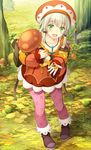  :d absurdres autumn_leaves backpack bag blush boots collarbone green_eyes hat highres jewelry leaning_forward looking_at_viewer low_twintails momoiro_taisen_pairon mushroom namaru_(summer_dandy) necklace official_art open_mouth original outdoors pantyhose pink_legwear seed skirt smile solo twintails white_hair 