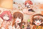  akagi_(kantai_collection) blush brown_hair bucket bucket_on_head bunny dated dreaming dropping enemy_aircraft_(kantai_collection) flying gloves headband hiryuu_(kantai_collection) jitome kaga_(kantai_collection) kantai_collection long_hair multiple_girls object_on_head open_mouth partly_fingerless_gloves pink_eyes pink_hair remodel_(kantai_collection) sazanami_(kantai_collection) short_hair sleeping souryuu_(kantai_collection) sparkle suna_kiririto swatting tears wet wiping_tears yugake 
