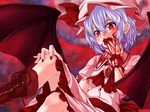  benizuwai blood blood_on_face blood_splatter boots commentary_request dress hair_between_eyes hand_on_own_knee hat highres lavender_hair licking_hand looking_at_viewer mob_cap open_mouth pink_dress red_background red_eyes remilia_scarlet short_hair sitting slit_pupils solo touhou vampire 