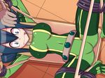  :p arms_up asui_tsuyu bangs bdsm belt blue_hair blush bodysuit boku_no_hero_academia bondage bound bound_legs bound_wrists breasts breasts_apart covered_navel covered_nipples frog_girl from_above gloves green_bodysuit grey_eyes hair_between_eyes legs_up long_hair looking_at_viewer loose_belt lying medium_breasts on_back rope short_hair sidelocks solo spread_legs spreader_bar studded_belt tile_floor tiles tongue tongue_out uichi-chi wide-eyed 