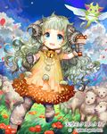  bad_id bad_pixiv_id bell blue_eyes child cloud day dress green_hair hooves horns jingle_bell kite lamb long_hair monster_girl original outdoors rioka_(southern_blue_sky) running sheep sheep_girl sky smile solo very_long_hair 