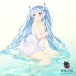  absurdres barefoot blue_hair blush breasts cleavage highres long_hair no_shoes original partially_submerged red_eyes shoufukucho sitting small_breasts solo strap_slip water watermark web_address 