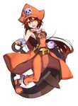  anchor ankle_boots bad_id bad_pixiv_id belt boots breasts brown_eyes brown_hair covered_nipples dot_triangle fingerless_gloves full_body gloves guilty_gear guilty_gear_xrd hat hi-inu highres huge_weapon long_hair may_(guilty_gear) orange_hat orange_shirt pants pants_rolled_up pirate_hat sailor_collar shirt sideboob simple_background skull_and_crossbones sleeveless small_breasts solo weapon 