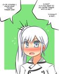 blue_eyes blush earrings english flying_sweatdrops green_background jewelry long_hair lunarisaileron no_nose ponytail rwby solo speech_bubble sweatdrop weiss_schnee white_hair 
